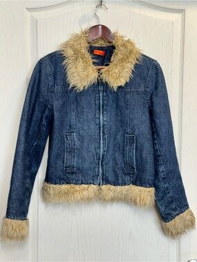 Y2K Fishbone Faux Fur Trim Denim Jacket Penny Lane Grunge Boho 90s bratz